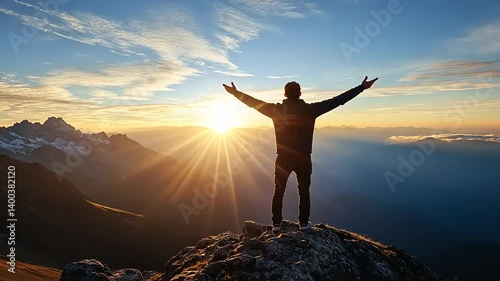 Silhouette atop mountain peak, arms raised in triumph, bathed in the radiant glow of sunrise