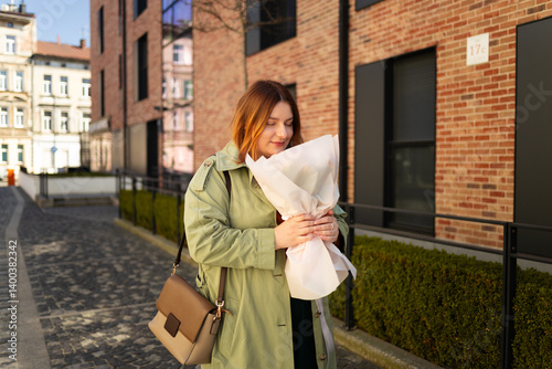 Obraz na płótnie A woman in a green coat holds a bouquet of flowers while smiling happily in a modern urban area with brick buildings and greenery in the background. The sun shines brightly on a peaceful day outdoors w salonie