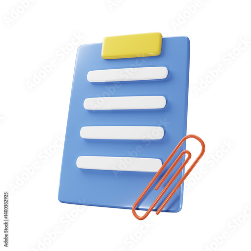 3d render notes icon. Blue clipboard and red paper clip illustration