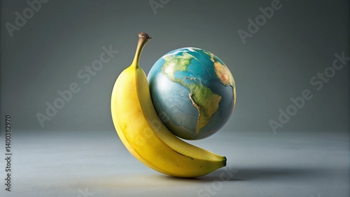 Minimalist Banana & Globe: Ripe Fruit on Gray Background