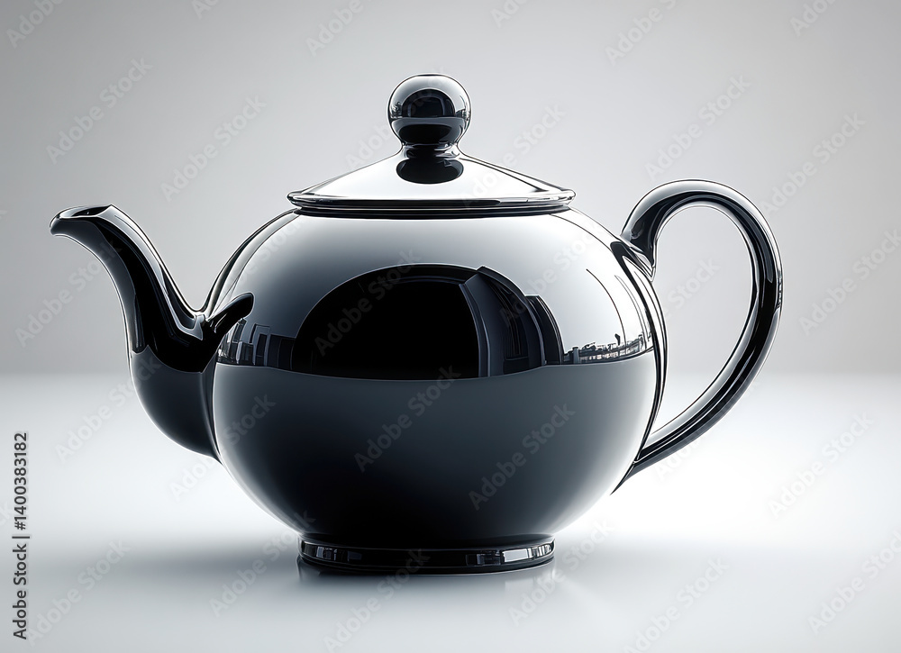 High-Quality Black Kettle Isolated on Pure White Background Reflective Surface Design Concept