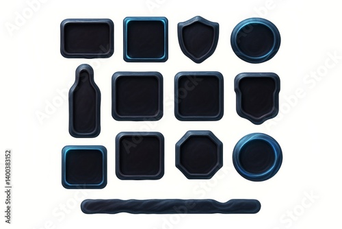 Dystopian Sci-Fi Game Inventory UI Grid Elements, Empty Icon Slots in Textured Concept Art, Velvety and Glowing, Symmetrical Design