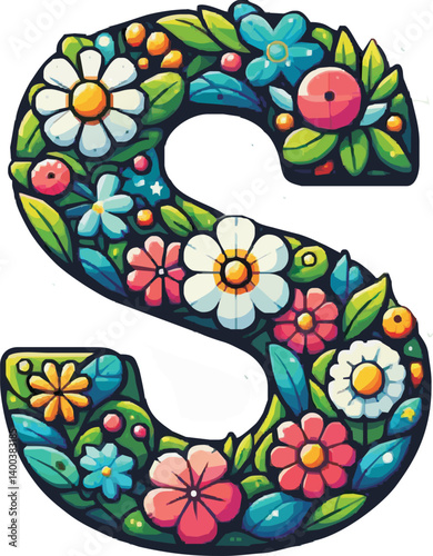 Doodle flower letter S. Floral element of colorful alphabet made from flowers	
