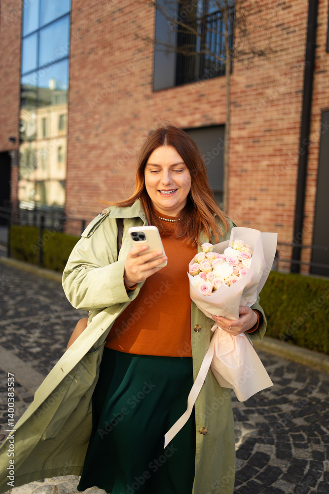 A joyful woman with long hair, wearing a green coat and orange sweater, walks down a cobblestone street while looking at her phone, holding a bouquet of flowers. Modern brick buildings and sunshine