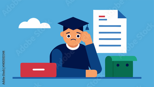 Low Credit Score A graduate looking dejected at their credit score report with a student loan bill lying prominently on the table showing how debt impacts creditworthiness.