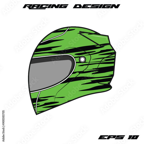 Green racing helmet design with dynamic stripes, showcasing speed and agility, suitable for motorsport graphics
