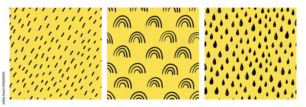 Seamless hand drawn pattern set with small dashes, rainbows, and raindrops on a yellow background. Playful and organic texture for textiles, wallpapers, and digital projects. Trendy boho style
