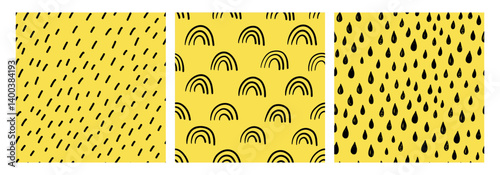 Obraz na płótnie Seamless hand drawn pattern set with small dashes, rainbows, and raindrops on a yellow background. Playful and organic texture for textiles, wallpapers, and digital projects. Trendy boho style w salonie