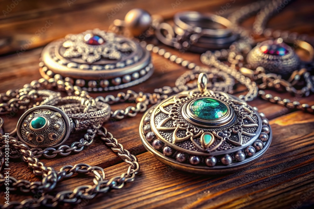 Obraz premium Miniature World of Antique Silver Jewelry: Close-up Tilt-Shift Photography