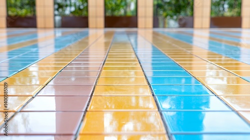 Vibrant tiled floor with blue yellow and taupe squares