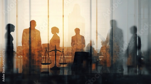 Silhouetted Legal Professionals in Modern Office Setting at Sunset