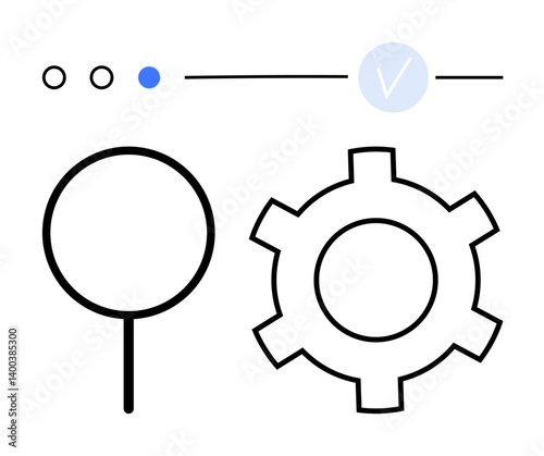 Magnifying glass, gear icon, progress bar, and circular selection highlighting efficiency, configuration, and progress. Ideal for technology, research, data optimization strategy workflow flat