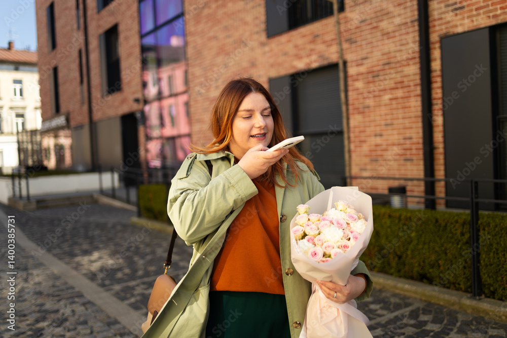 A woman in a green coat and orange sweater holds a bouquet of flowers while looking at her phone, walking down a cobblestone street in a modern urban area. The sun is shining on a beautiful day