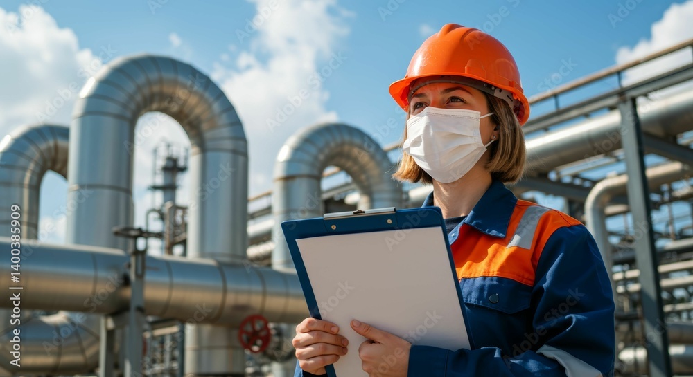 Female industrial engineer in mask holding clipboard at modern pipeline facility Female industrial engineer in mask holding clipboard at modern pipeline facility