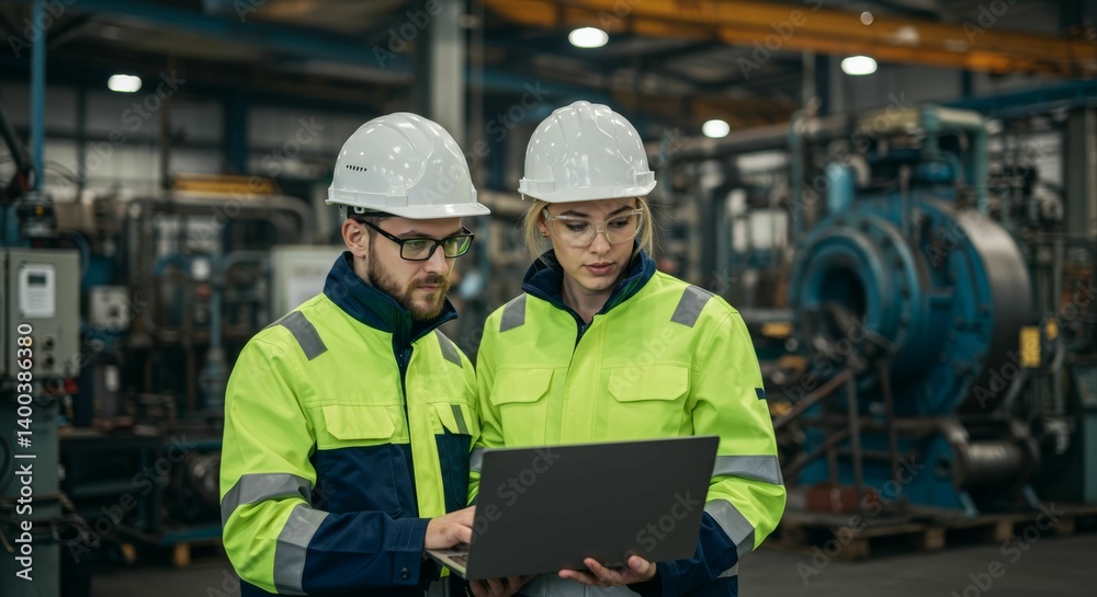 Two engineers collaborate using a laptop in an industrial manufacturing plant setting Two engineers collaborate using a laptop in an industrial manufacturing plant setting