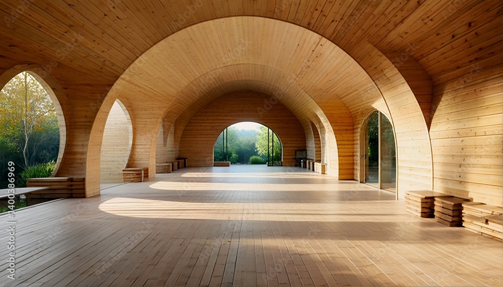 Fototapeta premium a warm and inviting wooden structure with arched openings looks out onto a lush green landscape bathed in soft morning light.