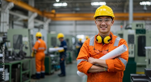 Confident Asian engineer smiles holding blueprints in a bright industrial setting