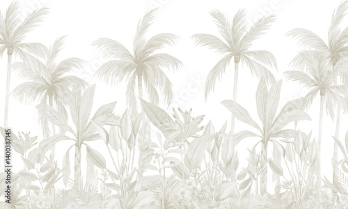 Fototapeta Naklejka Na Ścianę i Meble -  Minimalist Tropical Jungle in Soft Neutrals with Palm Trees – Monochrome Botanical Wall Art