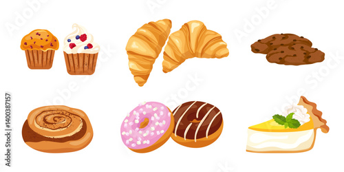 Bakery shop yummy cupcake, donut, croissant and cheesecake. Tasty sweet baked food, muffin, chocolate biscuits. Colorful flat vector illustrations of pastry desserts set isolated on white background