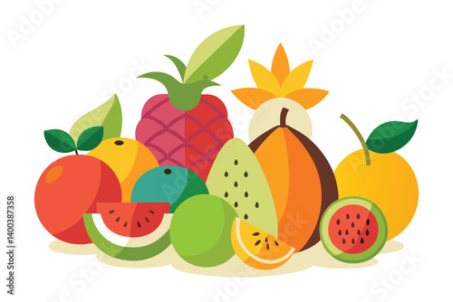 Assorted Tropical Fruits Composition with Pineapple and Watermelon on White