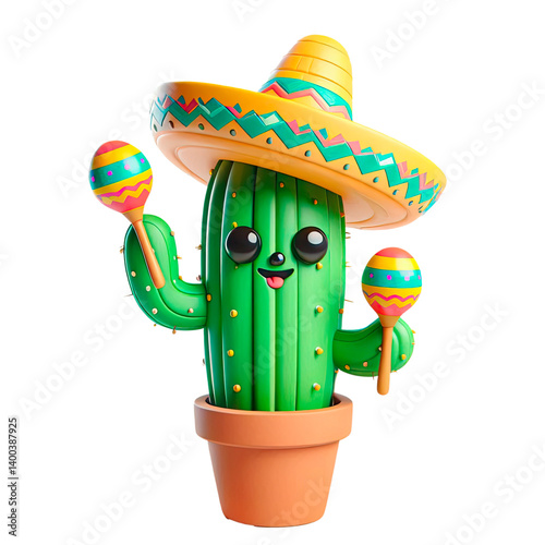 3d cartoon cactus in sambrero with maracas, on white background with space for text. Mexican Day of the Dead festival background