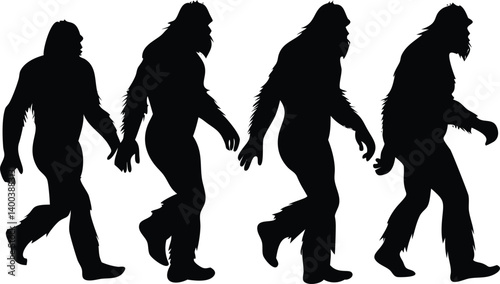 Bigfoot Silhouettes Walking, Cryptozoology Illustration, Sasquatch on Transparent