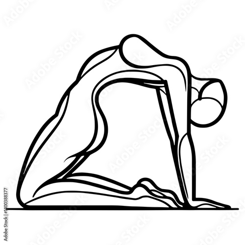 Minimalistic black-and-white illustration of an elongated figure with a backward bend in clean vector style