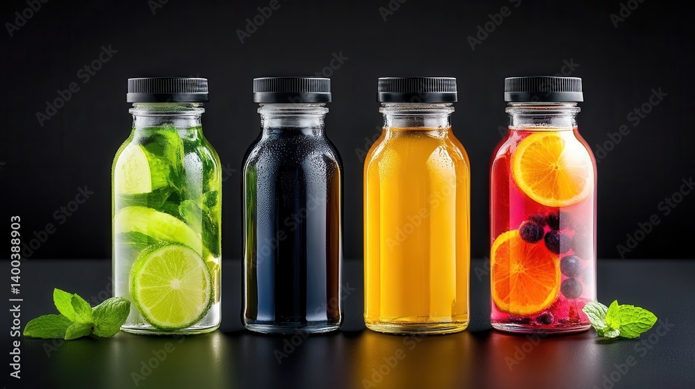 Four colorful beverage bottles filled with fruits and herbs against a dark background Four colorful beverage bottles filled with fruits and herbs against a dark background