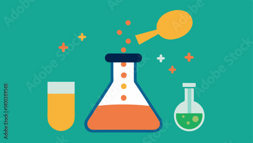 Lab to Beauty A vector showing a laboratory flask transitioning into a beauty supplement bottle representing the scientific formulation of exosomeinfused beauty solutions.