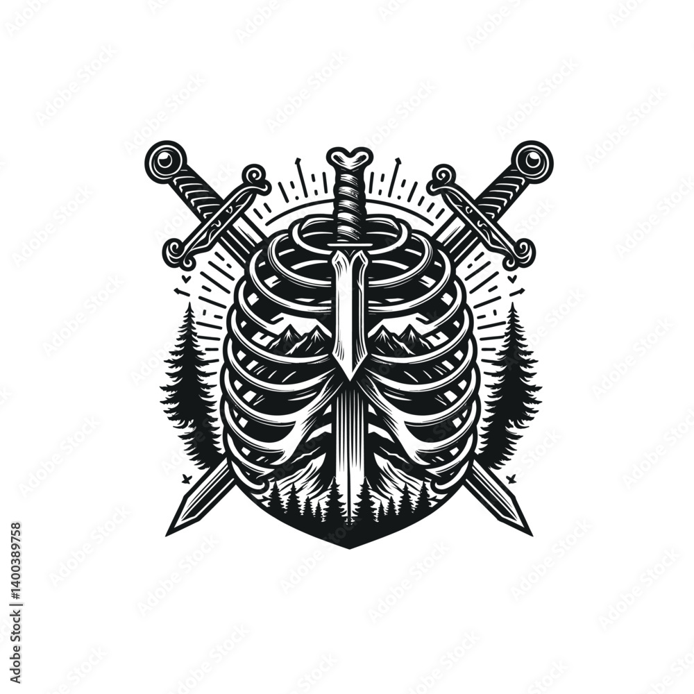 Fototapeta premium Ancient Battleground: A dramatic emblem of courage and fortitude, a ribcage pierced by a sword, flanked by crossed swords. The image combines elements of battle and nature.