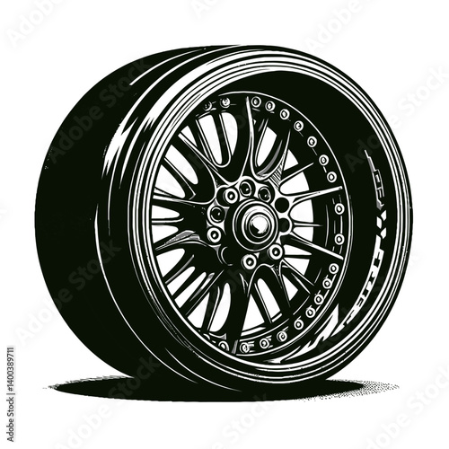 Wheel of Fortune: A high-performance vehicle wheel isolated, embodying speed, power, and sleek design, is depicted in this graphic resource.