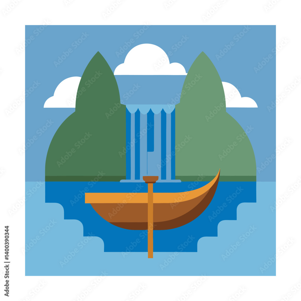 Naklejka premium Serene Waterfall Scene with Gondola on a Peaceful Lake