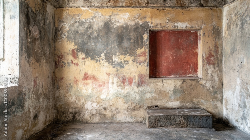Ancient room with weathered walls, remnants of frescoes, and a stone bench. Ancient room with weathered walls, remnants of frescoes, and a stone bench.