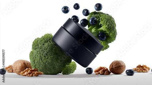 Broccoli, blueberries, and walnuts surrounding a dark jar, showcasing healthy eating and nutrition concept, ideal for food or wellness branding