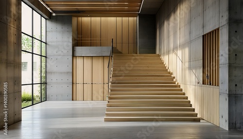 a modern staircase ascends within a minimalist space featuring raw concrete walls and warm wood accents illuminated by natural light from a large window.