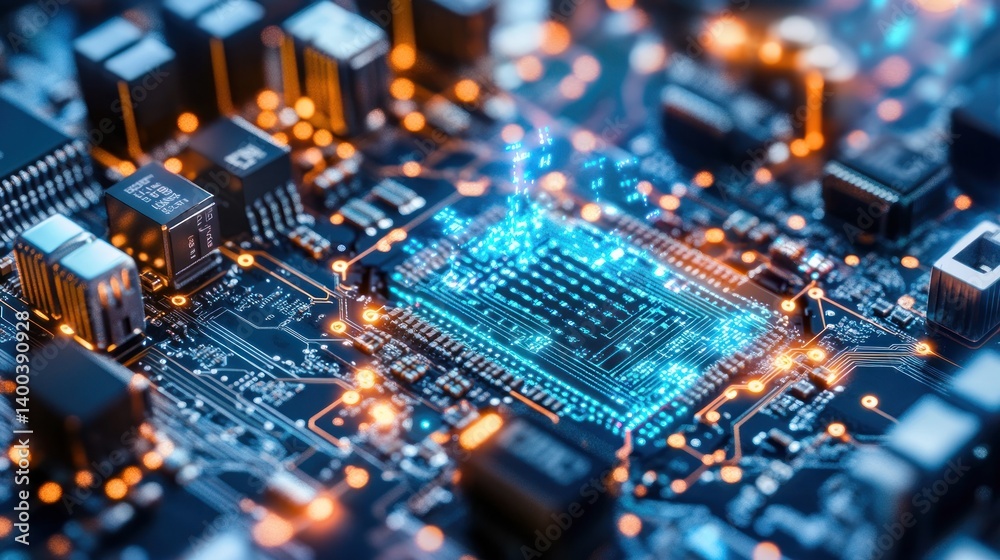 Close-up of a circuit board with a glowing central processor, showcasing intricate technological details and data flow. Close-up of a circuit board with a glowing central processor, showcasing intricate technological details and data flow.