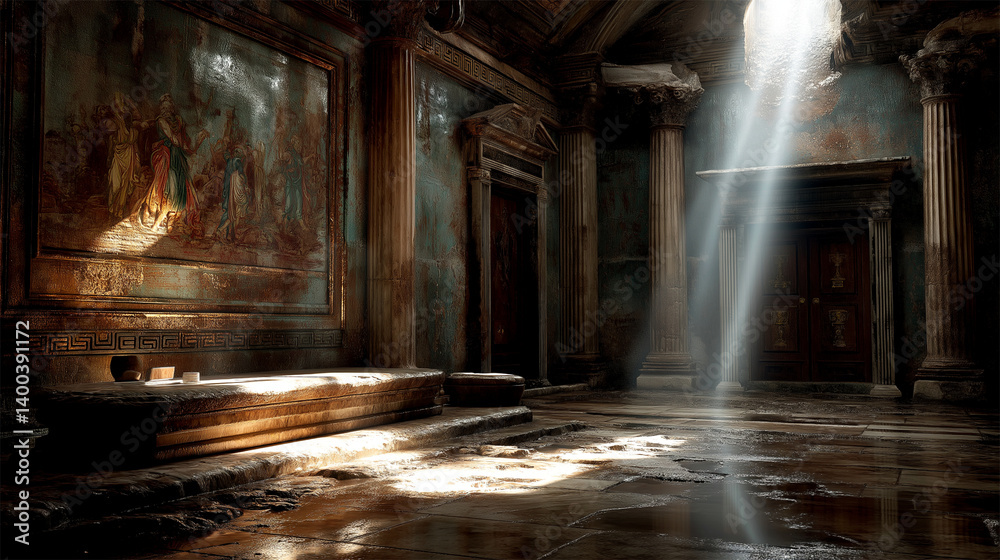 Fototapeta premium Fall of the Roman Empire shown in decaying frescoed chamber with shafts of divine light