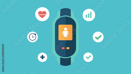 Portable Design Showcase A closeup of the tracker emphasizing its lightweight and portable design set against a background with icons of fitness and health.