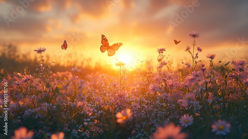 Fototapeta Naklejka Na Ścianę i Meble -  Butterflies sunset field flowers
