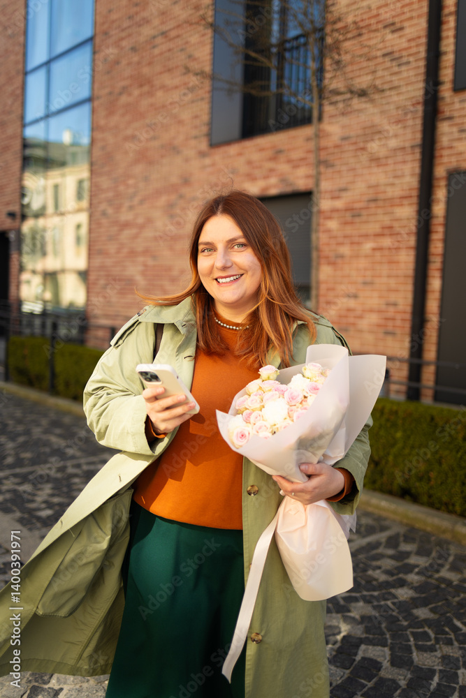 A joyful woman with long hair, wearing a green coat and orange sweater, walks down a cobblestone street while looking at her phone, holding a bouquet of flowers. Modern brick buildings and sunshine