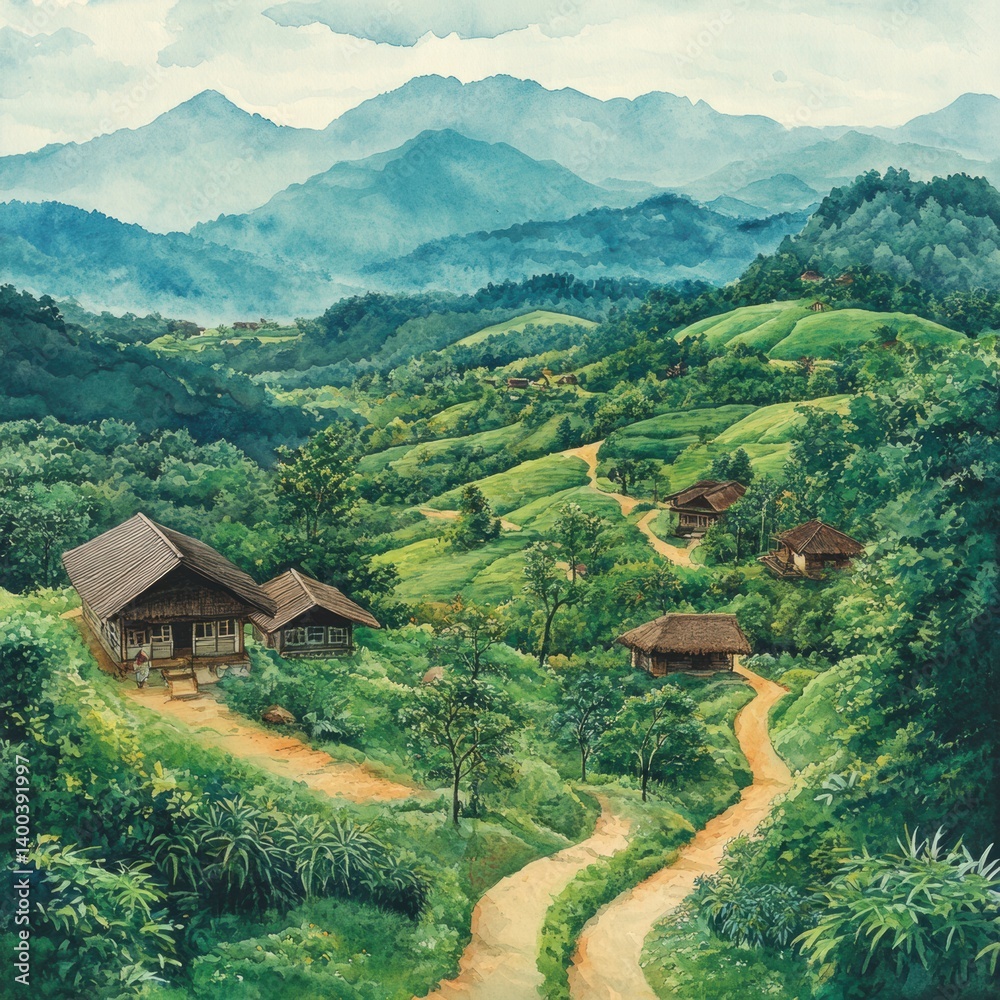 Obraz premium Serene Landscape with Hills, Houses, and Lush Greenery in Nature
