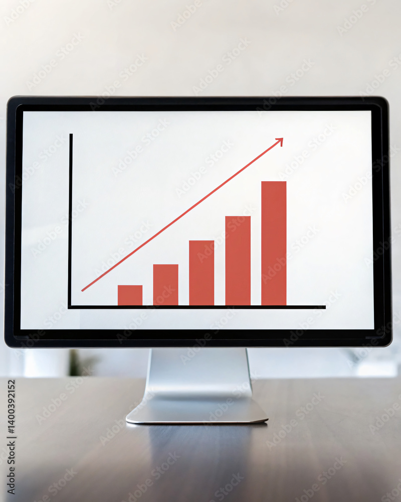Modern Computer Screen Displaying a Rising Graph in a Bright Office Environment Modern Computer Screen Displaying a Rising Graph in a Bright Office Environment