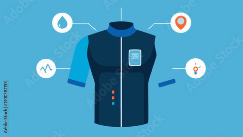 Smart Cycling Jersey with Caloric Monitor A cycling jersey adorned with sensors across the torso showing flow charts representing calories burned during a ride alongside an