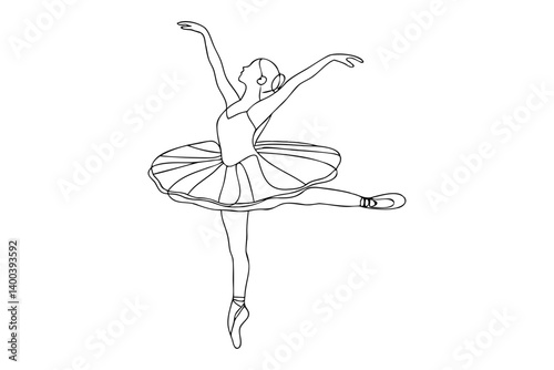one line drawing of pretty ballerina in ballet motion dance style, vector 