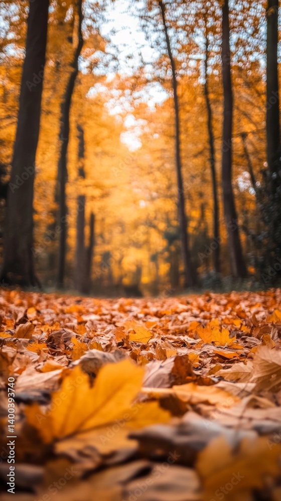 Golden leaves blanket the forest floor in warm autumn light Golden leaves blanket the forest floor in warm autumn light