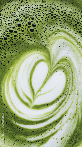 Frothy matcha latte with its signature vibrant green color and delicate swirling foam patterns, a macro and full-frame texture shot, close-up texture, top view