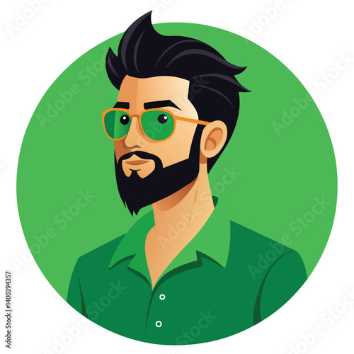 Cartoon Man with Beard and Green Sunglasses on Green Circular Background