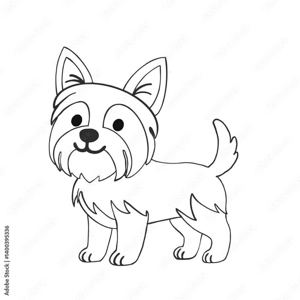 Obraz premium Adorable cartoon outline of a small Yorkshire Terrier dog, standing with perked ears and fluffy fur. Great for pet designs, stickers, and children’s illustrations.