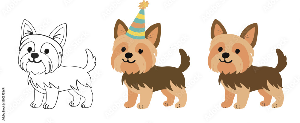 Fototapeta premium Set of three cartoon Yorkshire Terrier illustrations—outline, plain color, and party version with a hat. Ideal for pet designs, celebrations, and children’s graphics.