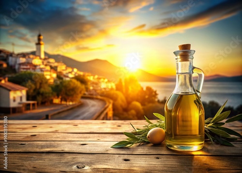 Mediterranean Sunset Olive Oil Bottle Macro Photography Mockup - Copy Space